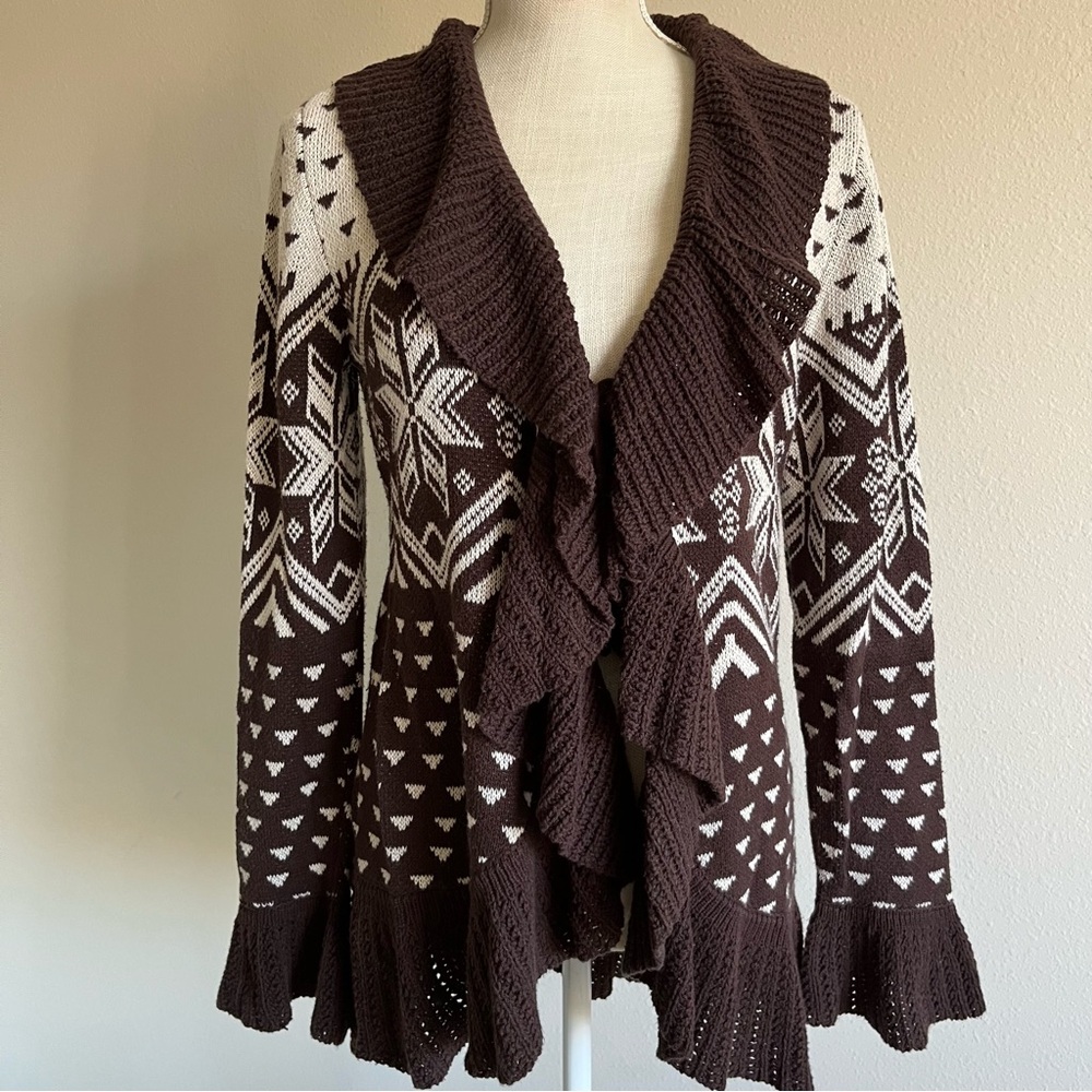 Style & co Brown and White Women's cardigan sweater open weave Ruffle front S